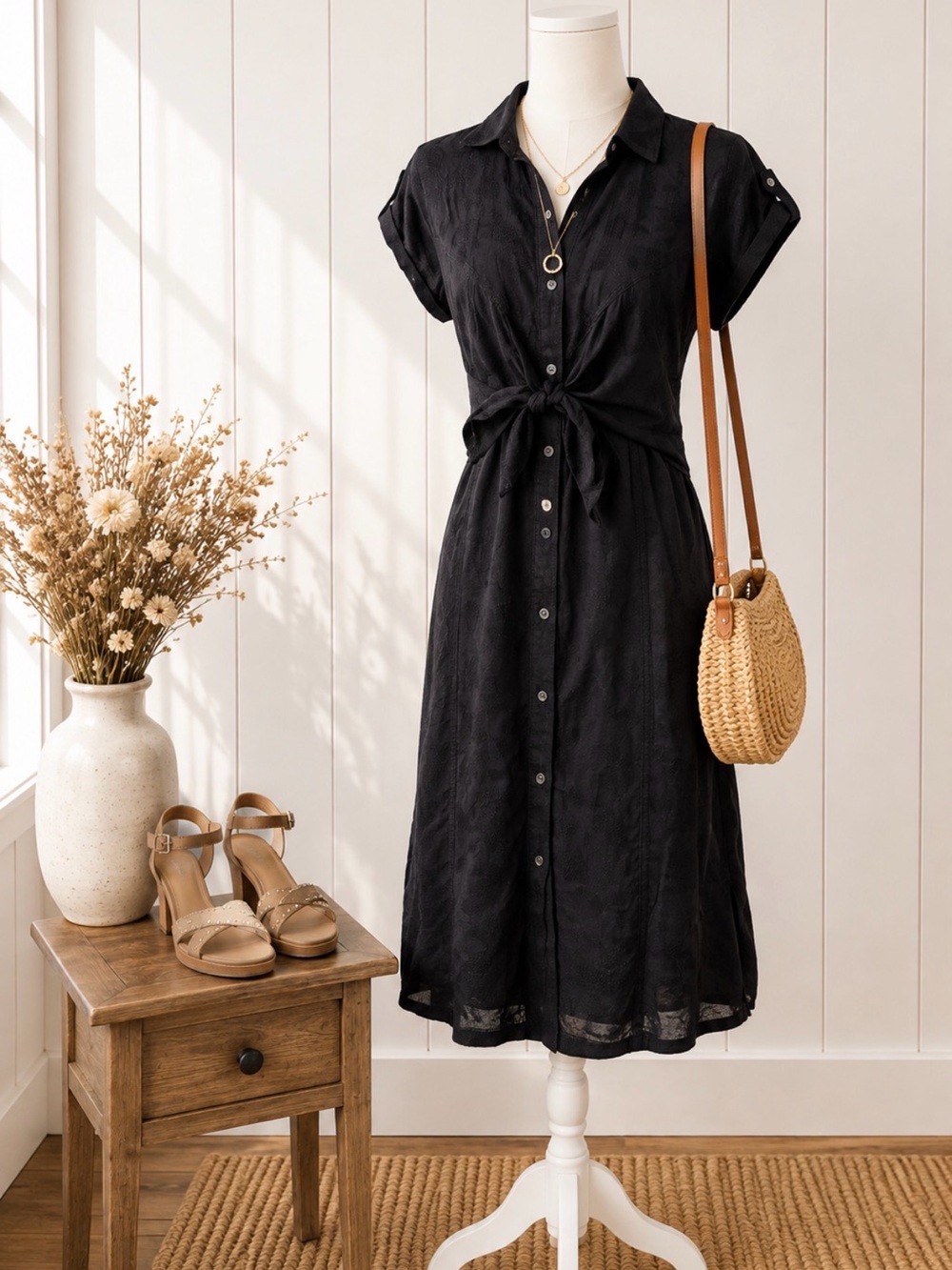 Anthropologie Kamryn Tie Front Black Linen Blend Shirtdress Size 10